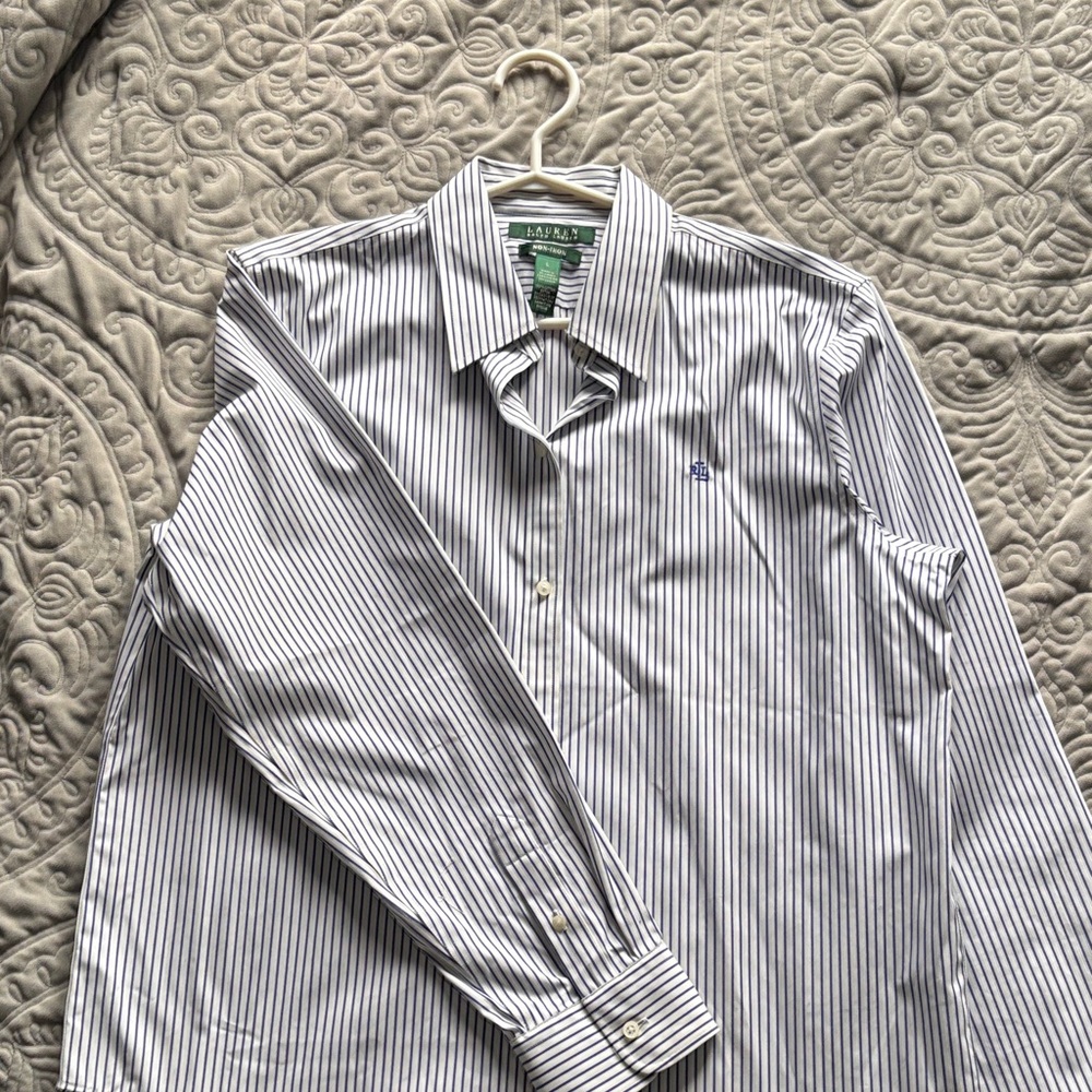 Ralph Lauren Women’s No Iron Blue Striped Dress Shirt